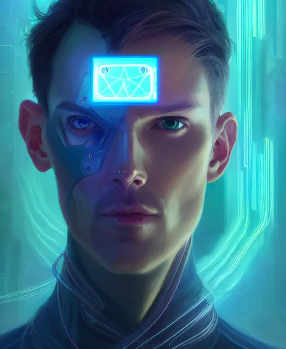 Image similar to a whirlwind inside the metaverse, guy, male, man, hologram, half body, neurochip, android, cyborg, cyberpunk face, by loish, d & d, fantasy, intricate, elegant, highly detailed, colorful, digital painting, artstation, concept art, art by artgerm and greg rutkowski and alphonse mucha