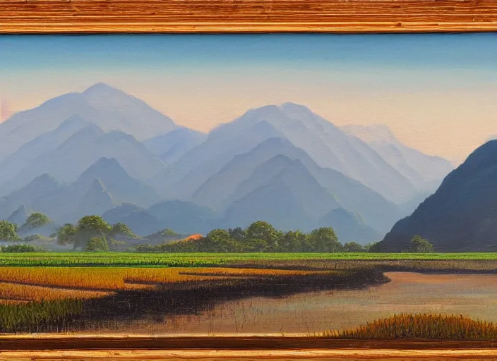 Prompt: painting of a rice paddy with two mountains in the background, a road, sun rising between the mountain