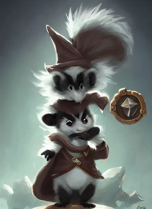 Image similar to cute little anthropomorphic skunk wizard wearing smoldereye (eyepatch), tiny, small, miniature animal, baby animal, short, pale black armor, cute and adorable, pretty, beautiful, DnD character art portrait, matte fantasy painting, DeviantArt Artstation, by Jason Felix by Steve Argyle by Tyler Jacobson by Peter Mohrbacher, cinematic lighting