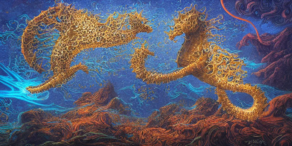 Prompt: bioluminescent seahorse by dan seagrave art