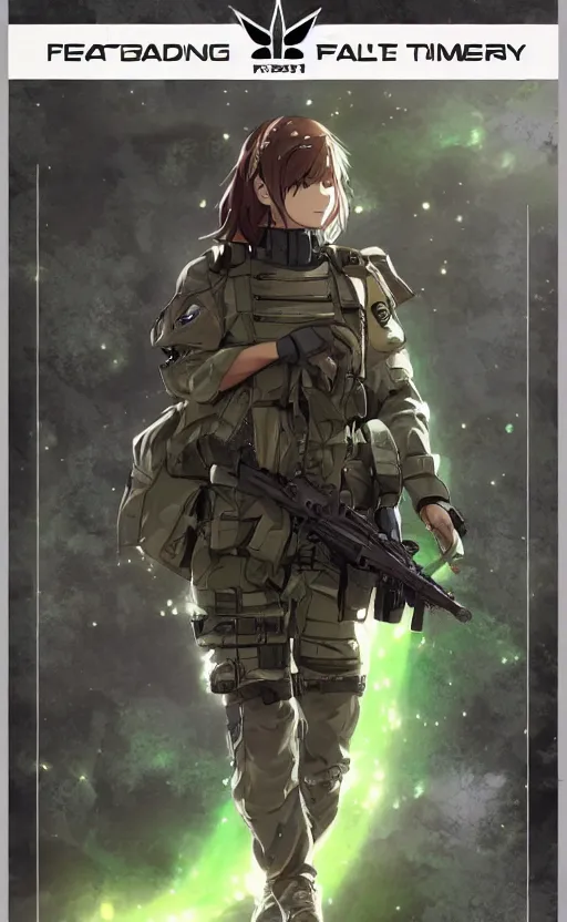 Prompt: girl, trading card front, future soldier clothing, future combat gear, realistic anatomy, concept art, professional, by ufotable anime studio, green screen, volumetric lights, stunning, military camp in the background