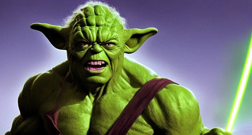 Image similar to a mix between Hulk and yoda, shot on technicolor cinemascope