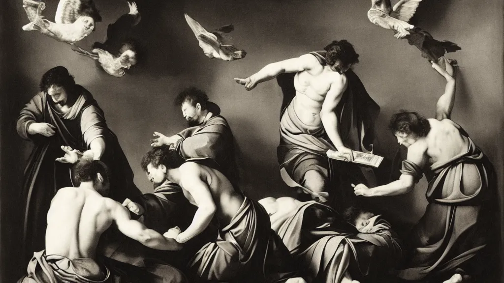 Image similar to photograph of a scene similar to the vocation of St. Matthew inspired by Caravaggio