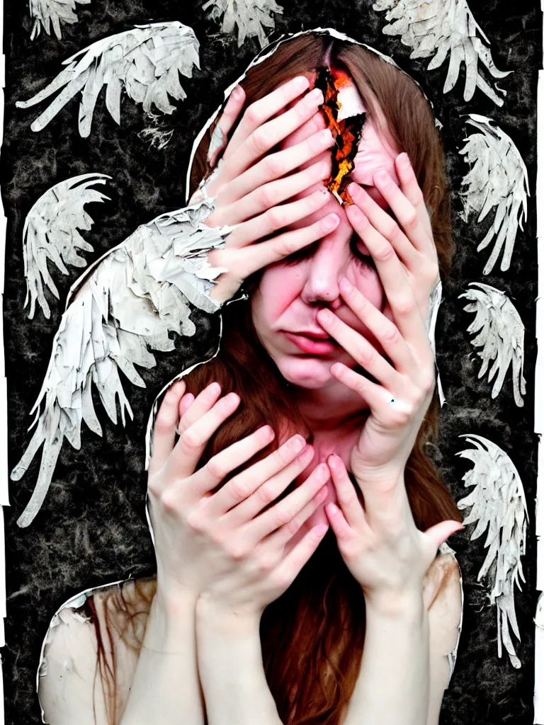 Prompt: a young adult angelgirl soft crying with lots of hands on her face and ratty feathered angel wings, stressed and burnt out, collage effect, collaged, torn paper, overexposure, overexposed, high exposure