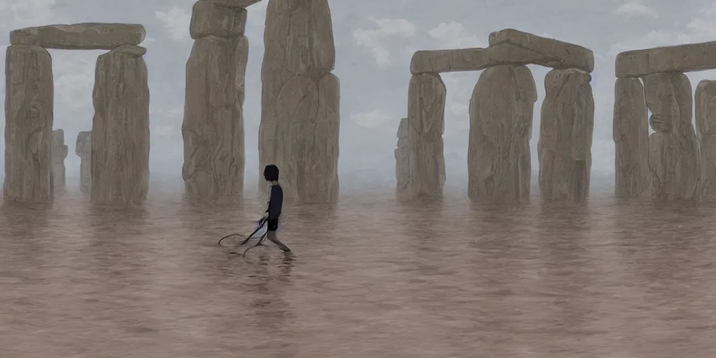 Image similar to a realistic cell - shaded studio ghibli concept art from paprika ( 2 0 0 6 ) of a tan aquatic human from close encounters of the third kind ( 1 9 7 7 ) in a flooded monument valley stonehenge. very dull colors, wide shot, hd, 4 k, hq