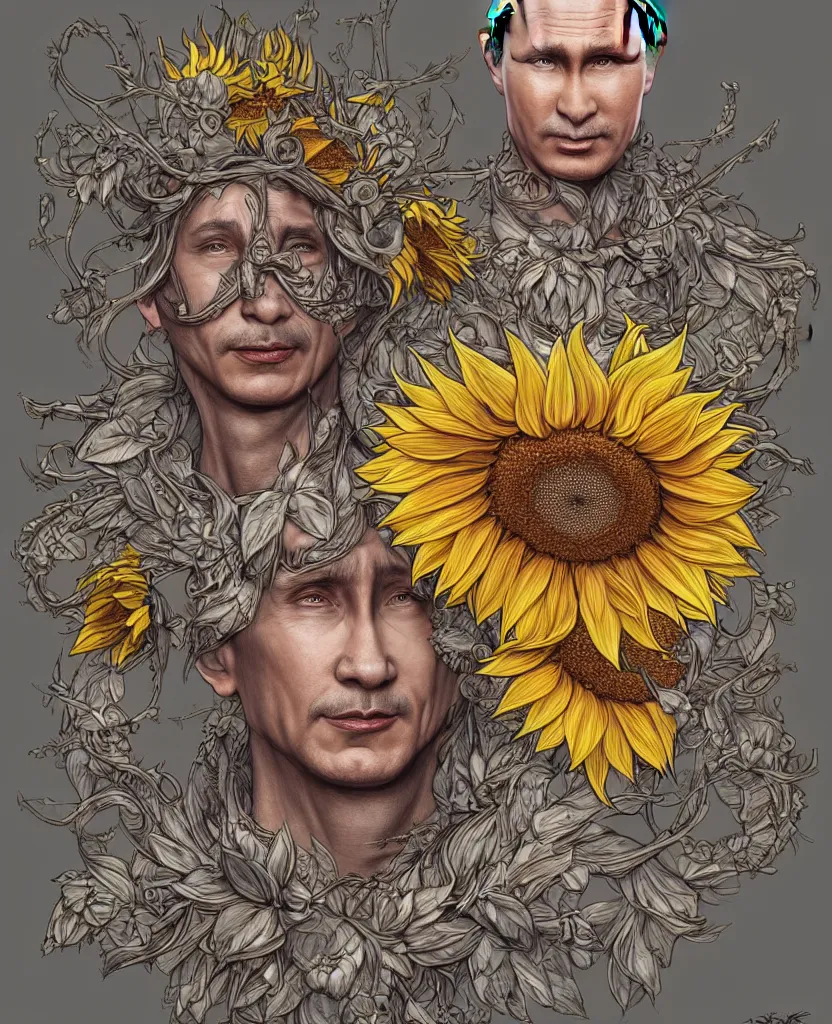 Image similar to digital art, centered full body of Putin smiling king, Sunflower crown, ,intricate, veins, by James Jean and by artgerm , by ross tran ultradetailed, charachter design, concept art, trending on artstation,