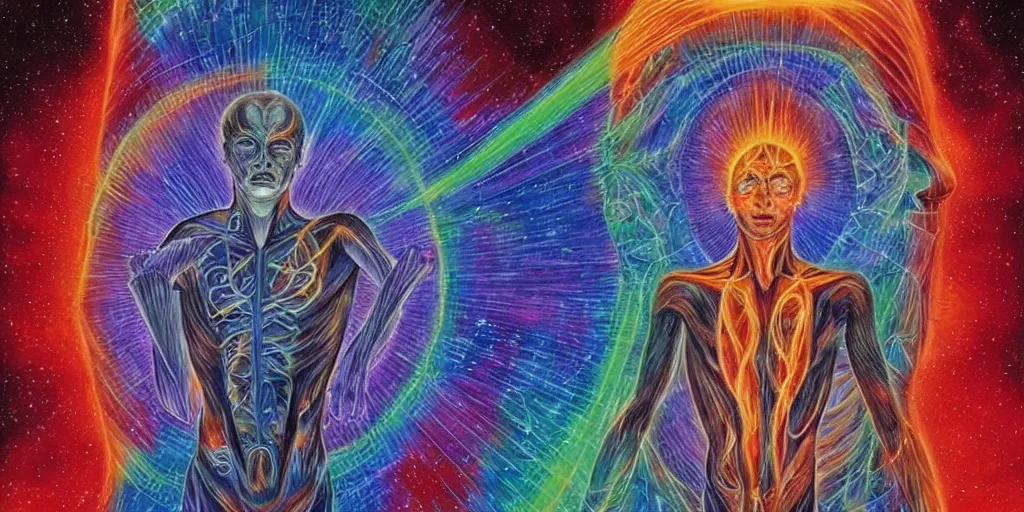 Image similar to man burning from the inside out casts astral projections around his body by alex grey!!!!, cosmic, meridians