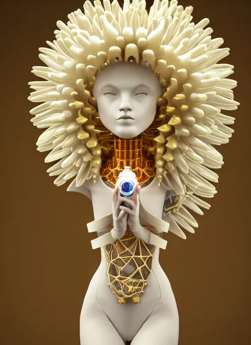 Image similar to mannequin carrying perfume bottle, biomechanical gold corals daisies rhizomorphs in an ivory room well contoured smooth fair walls, up close shot, sharp focus, global illumination, radiant light, alexandre ferra white mecha, irakli nadar, octane highly render, 4 k, ultra hd,