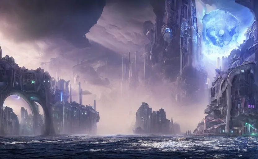 Image similar to a beautiful photo of a metropolis built on a island floating above the sea in the sky, waterfalls fall from the island into the sea, realistic, video game concept art, scifi, highly detailed, photography, ue 5, imax quality, cinematic, epic lighting, in the style of doom and quake and greg rutkowski