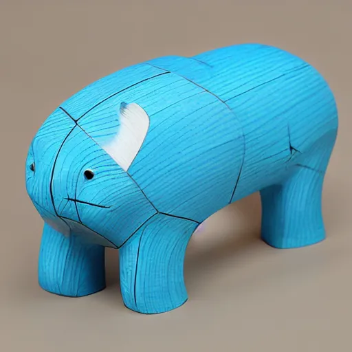 Image similar to a beautiful minimalist curvy shaped small sculpture of hippopotamus hippo baby, wood and blue epoxy, cubic blocks mix stripes cuts, detailed, fine, gorgeous