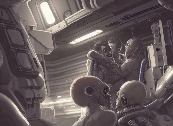 Prompt: highly detailed digital art, diverse, 3 humans making out passionately with strange fun aliens in cargo bay on the nostromo, cg society, artstation