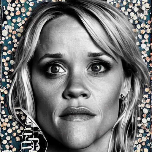 Prompt: a portrait of of reece witherspoon constructed from spoons, collage, drop shadow, organic, layered composition, layers, texture, mcu, petals, highly textured, layered, sculpted, dynamic,