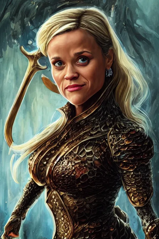 Prompt: A fantasy comic book style portrait painting of, hybrid of Reese Witherspoon, Rachel McAdams, as an Atlantean, Reptilian Warrior, Mystical Valkyrie, Armor, Sword, Spear, Sheild, François Boucher, Oil Painting, unreal 5, DAZ, hype realistic, octane render, Regal, Refined, Coherent, Detailed Digital Art, RPG portrait, William-Adolphe Bouguereau, Michael Cheval, Walt Disney (1937), Steampunk, golden dappled lighting, dynamic lighting, Highly Detailed, Cinematic Lighting, Unreal Engine, 8k, HD