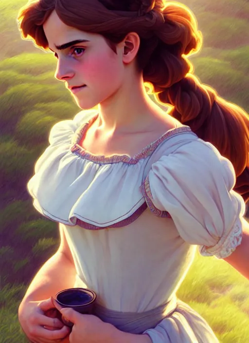 Image similar to cute milkmaid emma watson, natural lighting, path traced, highly detailed, high quality, digital painting, by don bluth and ross tran and studio ghibli and alphonse mucha, artgerm