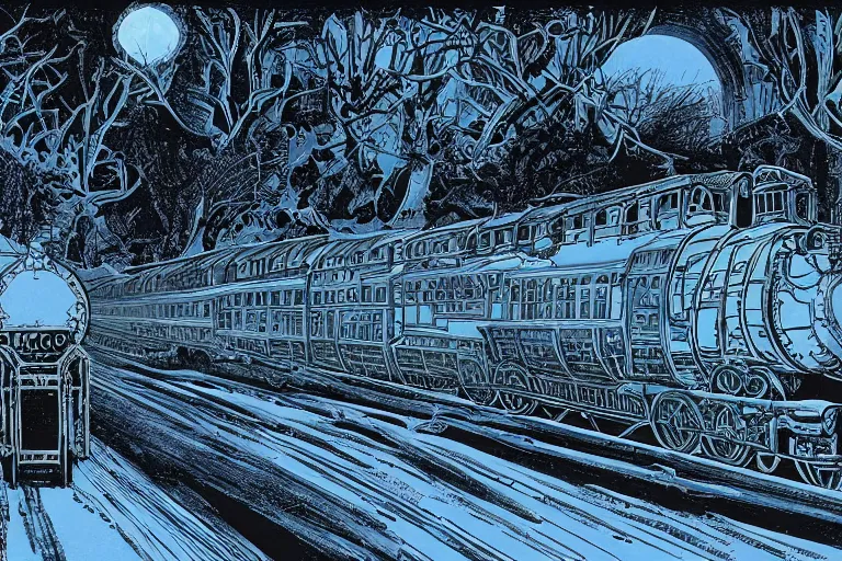 Image similar to trans - siberian express train illustration by joe fenton and syd mead and p. craig russell and barry windsor - smith, artstation, 4 k, graphic novel, concept art, matte painting, beautiful russian winter landscape sunset background, golden hour, art nouveau