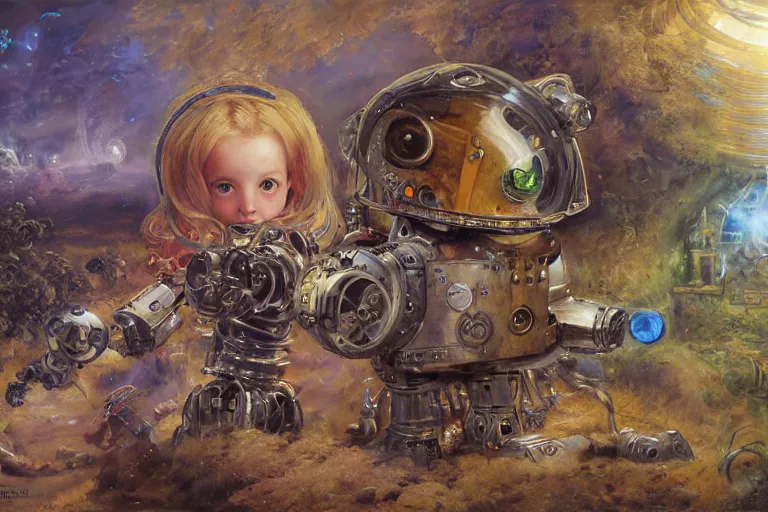 Image similar to derpy shiny mechanical android robots, Lilia Alvarado, Sophie Anderson, Mark Arian, Bob Byerley, Charlie Bowater, Mark Brooks, Steve Henderson, Justin Gerard, Arthur Hughes, Edward Robert Hughes, Mark Keathley, Victor Nizovtsev, Carlos Shwabe, Ross Tran, WLOP