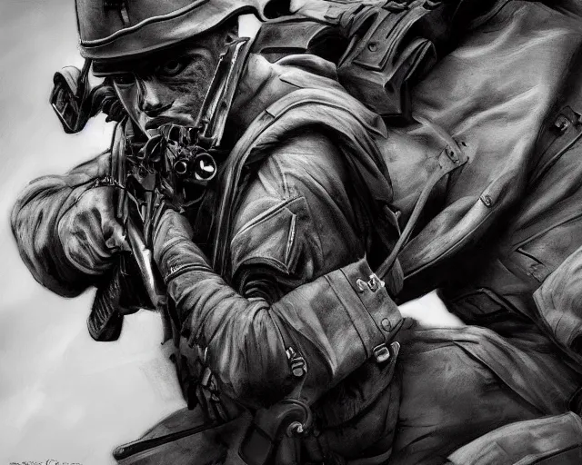 Prompt: A soldier with a hateful face aiming a machine gun at a cat, world war 1, close-up, realistic face, beautiful face detail, mature facial features, black and white, amazing digital art, hyper detailed, artstation, in the style of Tony Sart