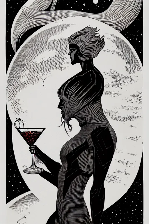 Prompt: side view of a majestic wizard holding a martini, high details, bold line art, by vincent di fate and joe fenton, inking, etching, screen print, masterpiece, trending on artstation, sharp, high contrast, hyper - detailed,, hd, 4 k, 8 k