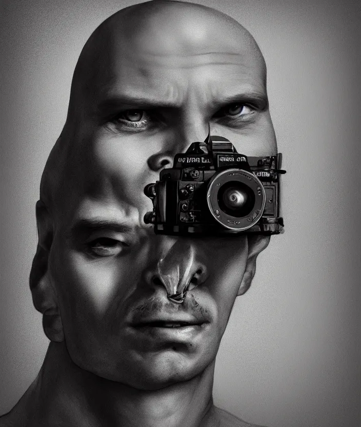 Image similar to man with camera for a head, hyper realism, fine details, concept art, digital art, deviantart artstation, very sharp, in the style of john pound,