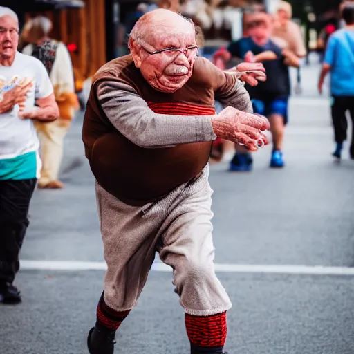 Image similar to An elderly man running from a giant humanoid sausage, Canon EOS R3, f/1.4, ISO 200, 1/160s, 8K, RAW, unedited, symmetrical balance, in-frame