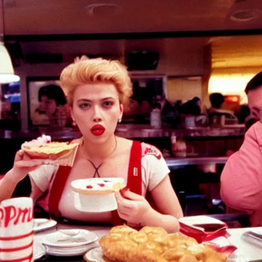 Prompt: Scarlett Johansson serving cherry pie at the double r diner in Twin Peaks (1990)