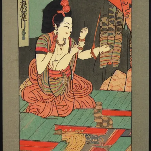 Image similar to late meiji period, colored woodblock print, krishna