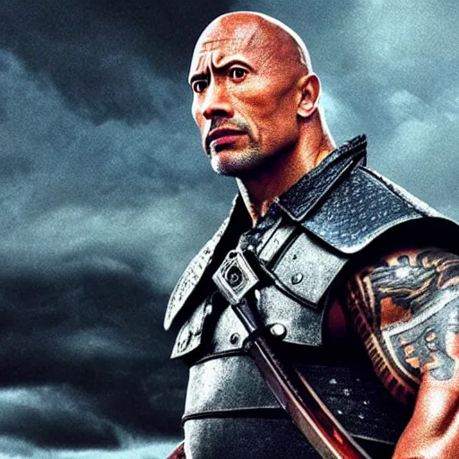 Image similar to a film still of Dwayne Johnson as samurai