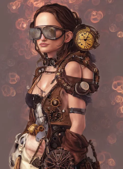 Image similar to steampunk clockpunk portrait of natalie portman, au naturel, hyper detailed, digital art, trending in artstation, cinematic lighting, studio quality, smooth render, unreal engine 5 rendered, octane rendered, art style by klimt and nixeu and ian sprigger and wlop and krenz cushart.