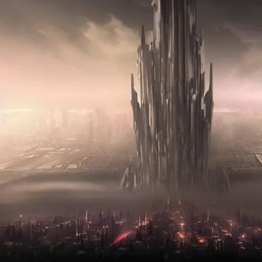 Prompt: huge dark monster standing over futuristic city, fog