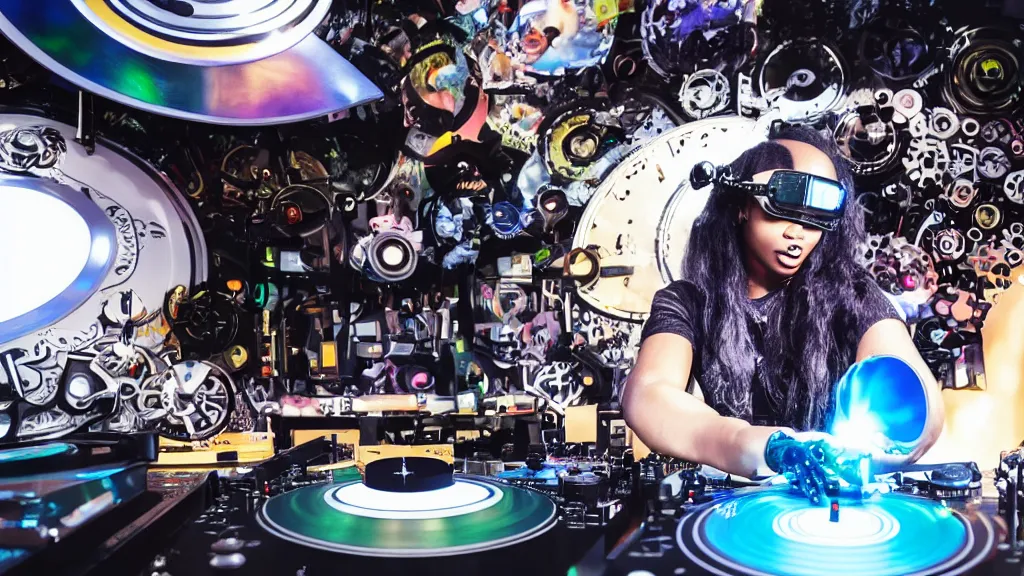 Image similar to a black woman wearing goggles and visor and headphones using an intricate clockwork record player turntable contraption, robot arms, turntablism dj scratching, intricate planetary gears, smoky atmosphere, cinematic, sharp focus, led light strips, bokeh, iridescent, black light, fog machine, hazy, lasers, spotlights, motion blur, color