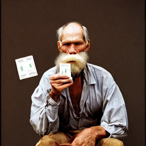 Prompt: portrait of Leo Tolstoy holding a pack of dollars, by Steve McCurry, clean, detailed, award winning