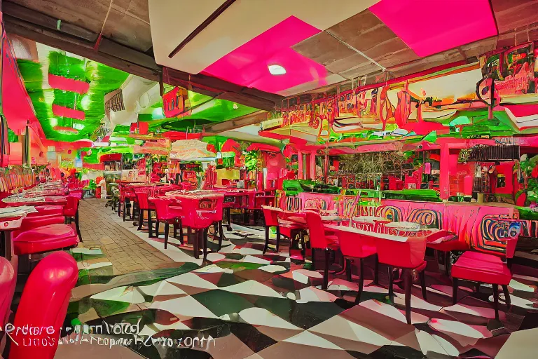 Image similar to 1 9 8 5 watermelon themed diner, very busy with full tables, fruitcore, watermeloncore, one point perspective, americana, restaurant interior photography, 5 5 mm