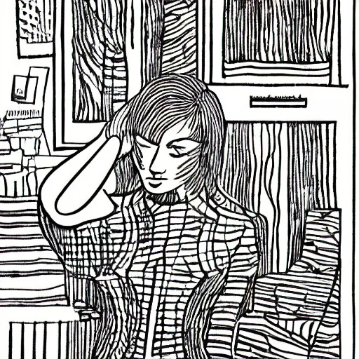 Prompt: the meager headache 1 9 6 8, pen and ink, scribbly lines, loopy lines, highly detailed, illustration for national book review, black and white, rapidograph