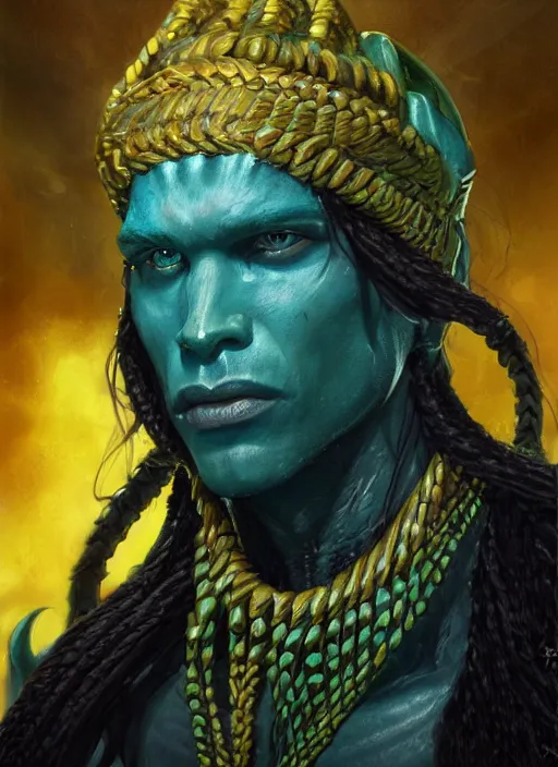 Prompt: a face portrait of a humanoid male with turquois colored skin!, triton race from d & d, gills on his neck, long black hair with some braids, ( yellow eyes ), style by donato giancola, wayne reynolds, jeff easley dramatic light, high detail, cinematic lighting, artstation, dungeons and dragons