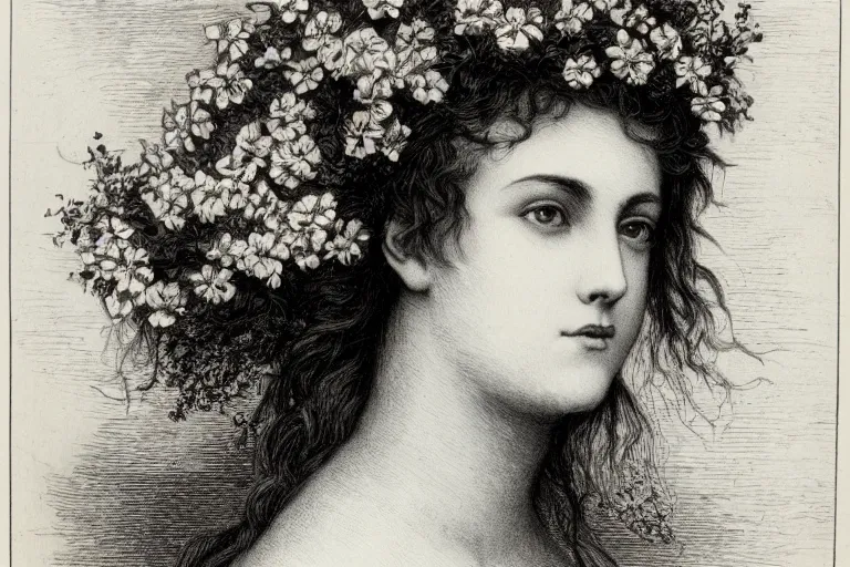 Image similar to black and white, close-up of high detailed young french woman face covered by flowers, Gustave Dore lithography