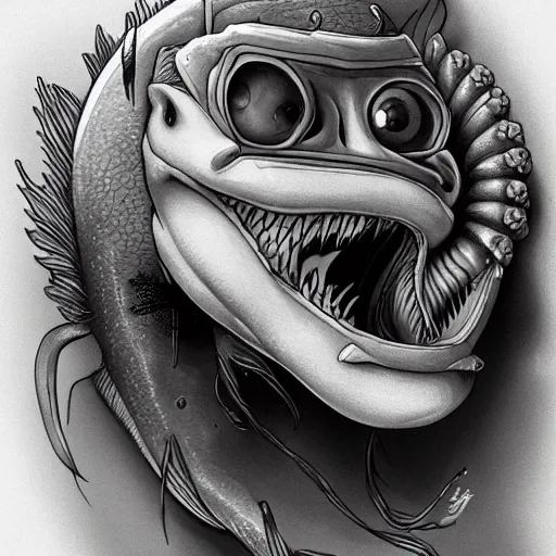 Prompt: an ugly fish eating an ugly fish, illustration, ultra detailed, in the style of artgerm, trending on artstation