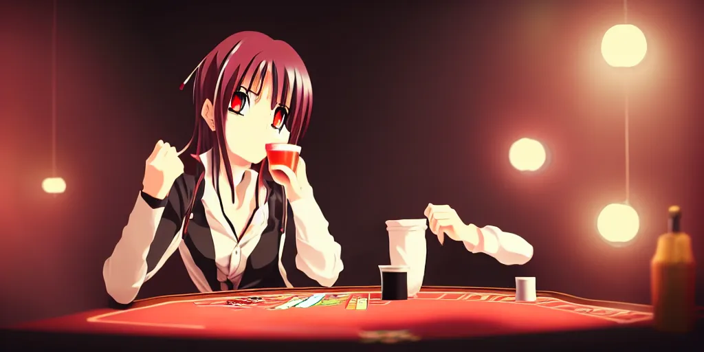 Prompt: anime character playing poker and drinking in a cozy bar, volumetric lighting, hyper real, symmetric face, pencil art, moody lighting, cute, comfy