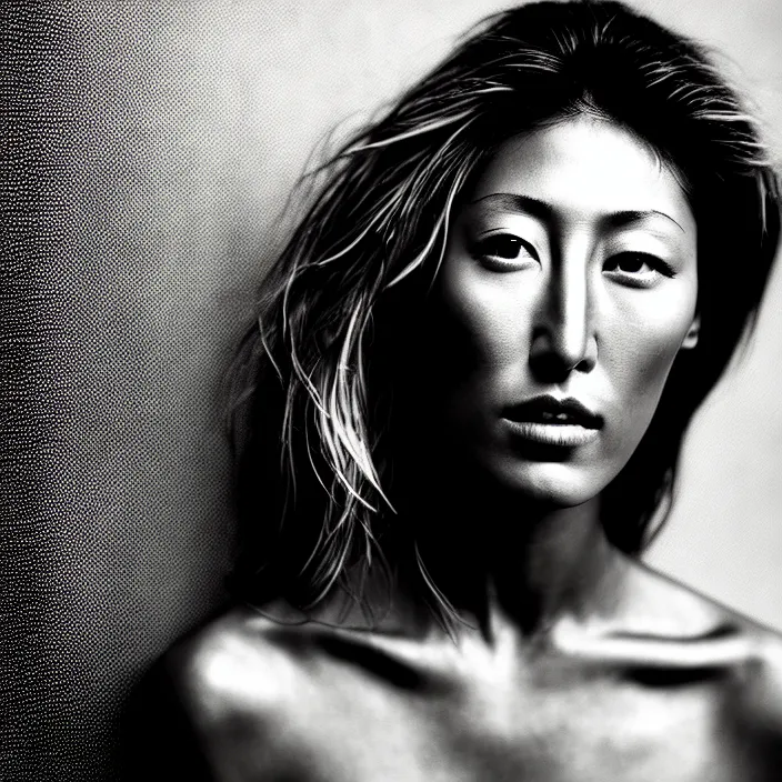 Image similar to photography face portrait on a tropical wallpaper background of a beautiful woman like dichen lachman, black and white photography portrait, skin grain detail, high fashion, studio lighting film noir style photography, by richard avedon, and paolo roversi, nick knight, hellmut newton,