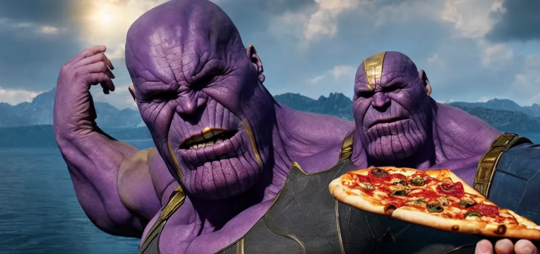 Image similar to a very high resolution image from a new movie. thanos eating pizza on a lake, photorealistic, photography, directed by wes anderson