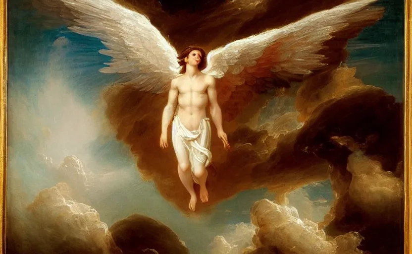 Image similar to a beautiful male angel wearing white angelic clothes flying among heaven and hell painted by thomas cole