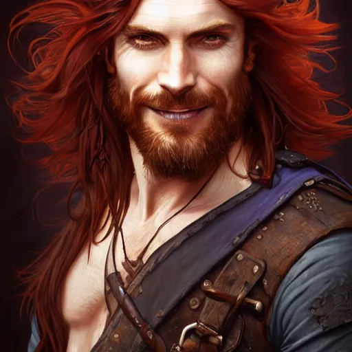 Prompt: portrait of a young ruggedly handsome but joyful pirate, male, masculine, upper body, deep crimson hair, long hair, d & d, fantasy, roguish smirk, intricate, elegant, highly detailed, digital painting, artstation, concept art, matte, sharp focus, illustration, art by artgerm and greg rutkowski and alphonse mucha