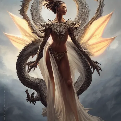 Prompt: a stunning dynamic pose full body of a celestial goddess of the dragons, intricate, perfect face, 8k highly professionally detailed, hdr, CGSociety, dark fantasy, dynamic lighting, smooth, elegant, sharp focus, art by artgerm and greg rutkowski,