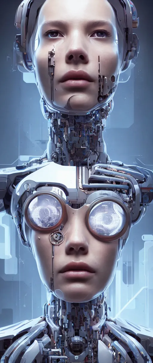 Image similar to portrait of a female cyborg. intricate abstract. intricate artwork, by tooth wu, wlop, beeple, dan mumford. concept art, octane render, trending on artstation, greg rutkowski very coherent symmetrical artwork. cinematic, key art, hyper realism, high detail, octane render, 8 k, iridescent accents