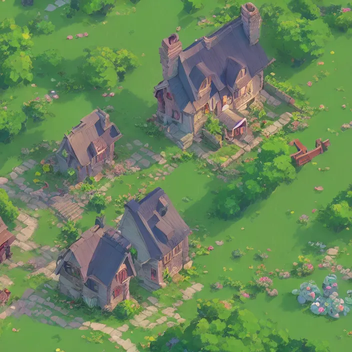 Prompt: rpg orthographic top view of a lovely cottage, seperated game asset, cory loftis, james gilleard, atey ghailan, makoto shinkai, goro fujita, studio ghibli, rim light, exquisite lighting, clear focus, very coherent, plain background, soft painting