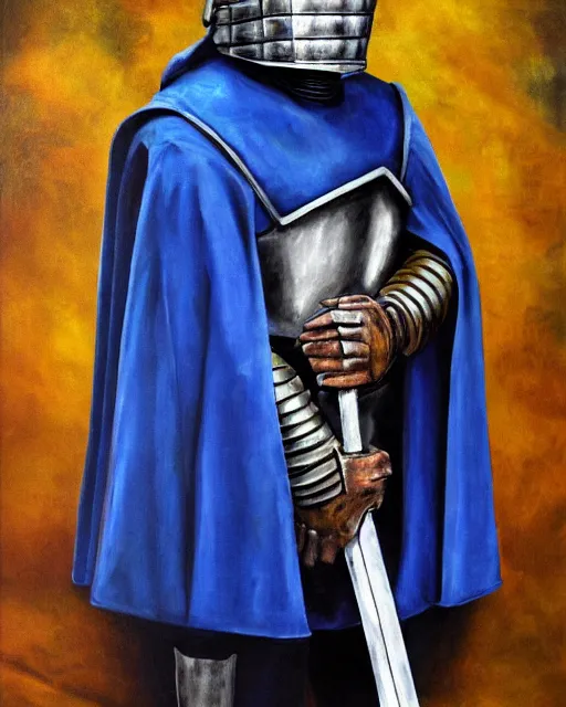 Prompt: a armored knight holding his sword, depression atmosphere, calm face, in blue cape, wild, daniel oxford, oil painting, master piece