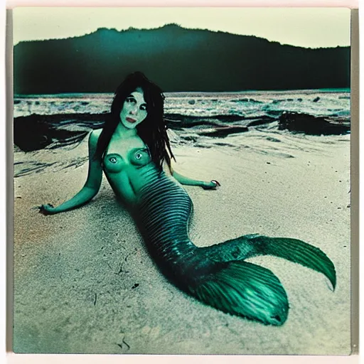 Image similar to weird mermaid, megalophobia, expired film, old polaroid,