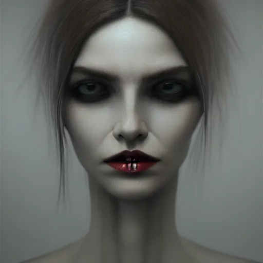 Image similar to portrait of a lady vampire, 35mm, depth of field, DOF, ominous, realistic, unreal engine, artstation, Zdzisław Beksiński, irwin penn