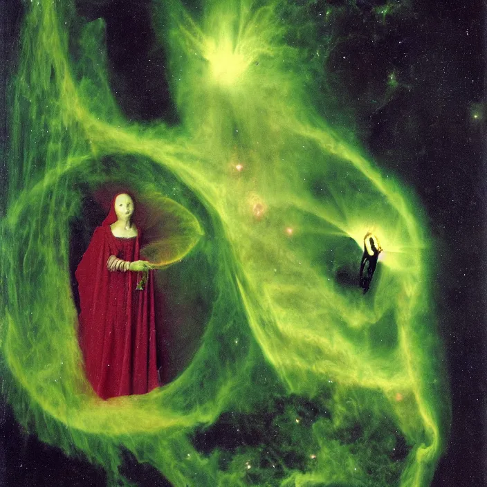 Image similar to a closeup portrait of a cloaked woman floating next to a green - horned goblin monster nebula, green - horned goblin monster nebula, by jan van eyck