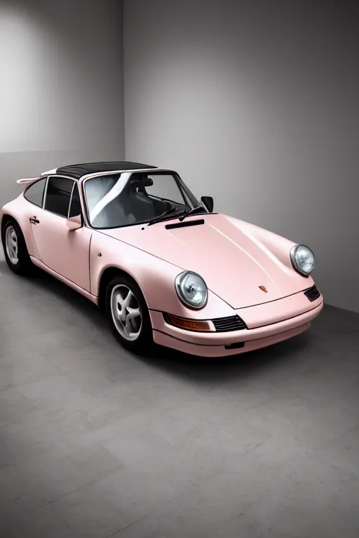 Image similar to Portrait of a light pink Porsche 911 Carrera 3.2, spotlight, in a dark room, photoshoot for vogue magazine.