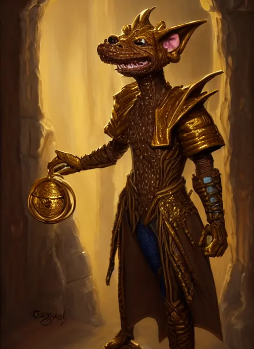 Image similar to a _ fantasy _ style _ portrait _ painting _ of a humanoid gold kobold male in wizard robes in a store selling things, oil _ painting _ unreal _ 5 _ daz. _ rpg _ portrait _ extremely _ detailed _ artgerm _ greg _ rutkowski _ greg